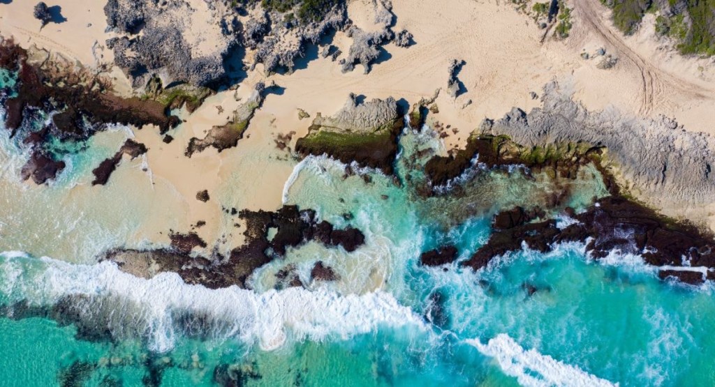 Aerial view Boranup Beach Margaret River pristine coastline turquoise waters white sand South West Australia Christmas destination