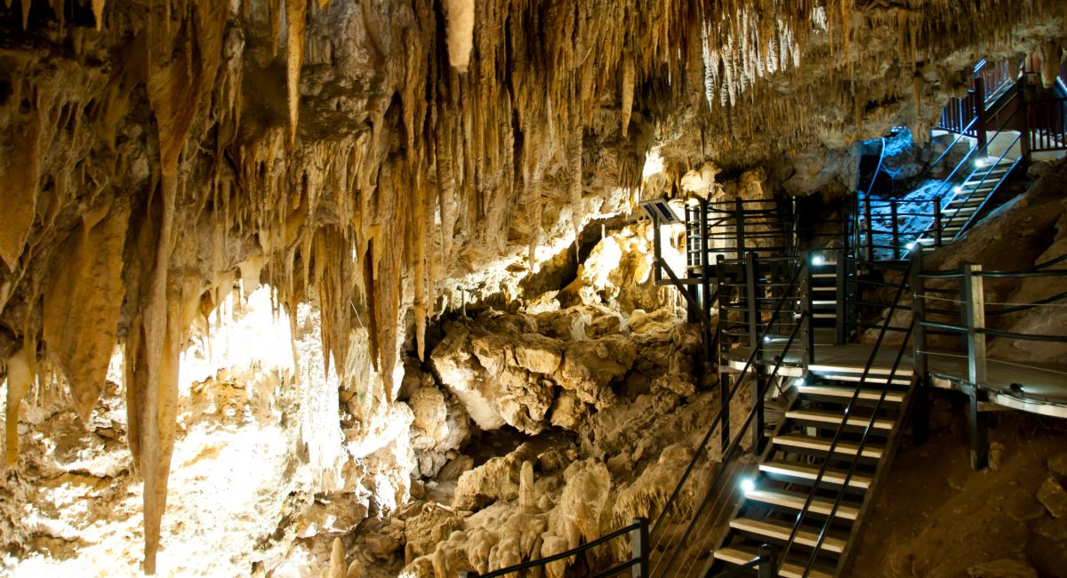 Interior view of Ngilgi Cave near Dunsborough showing illuminated limestone stalactite formations, metal walkways and stairs for guided cultural tours in Western Australia